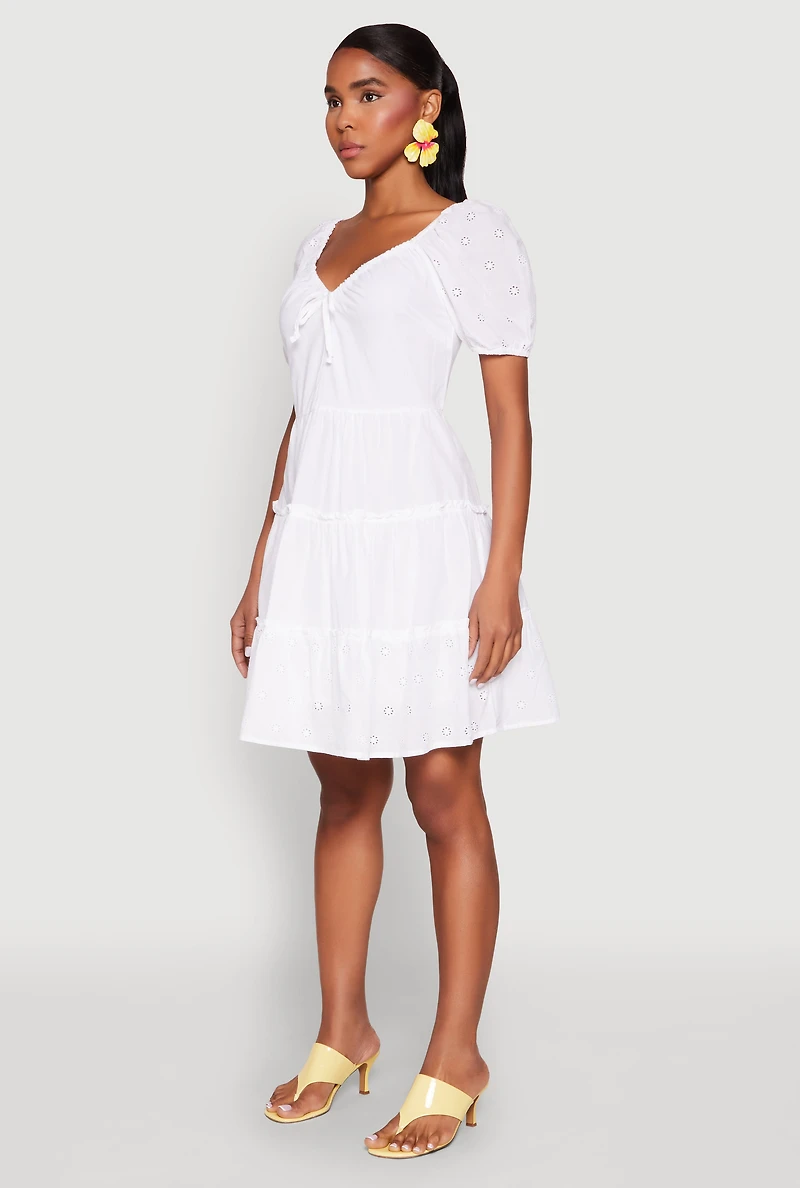 Haute Monde Eyelet Tiered Mini Dress