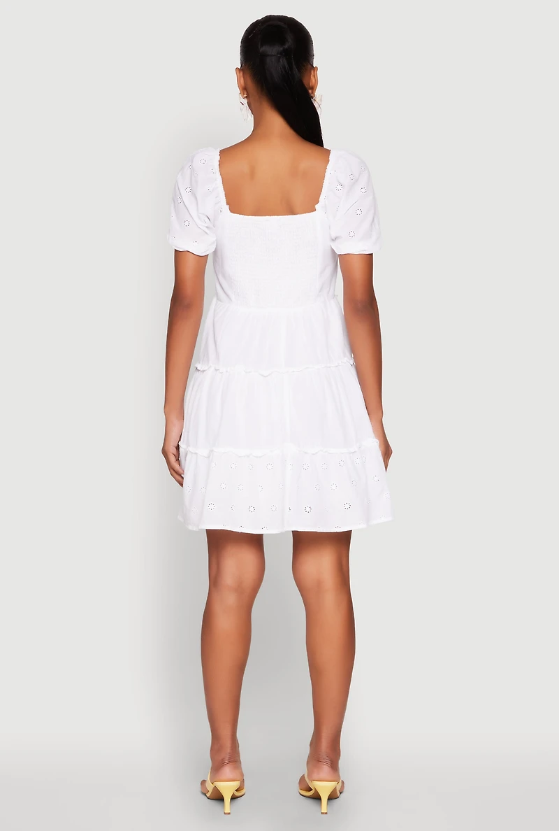 Womens Haute Monde Eyelet Tiered Mini Dress, White, Size L