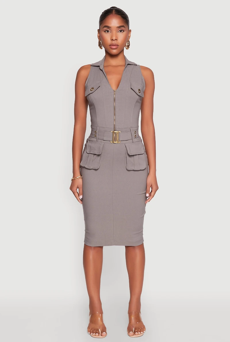 Womens Zip Front Belted Cargo Dress, Grey, Size M