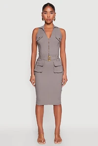 Womens Zip Front Belted Cargo Dress, Grey, Size M