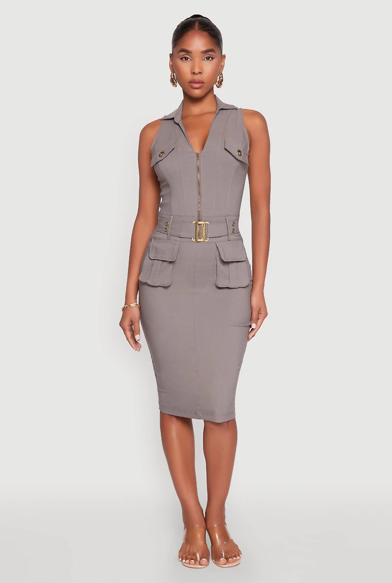Womens Zip Front Belted Cargo Dress, Grey, Size M