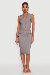 Womens Zip Front Belted Cargo Dress, Grey, Size M