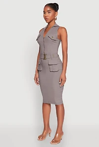 Womens Zip Front Belted Cargo Dress, Grey, Size M