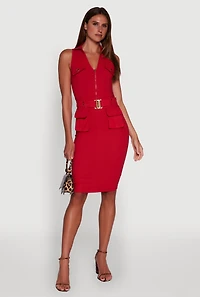 Womens Zip Front Belted Cargo Dress, Red, Size L