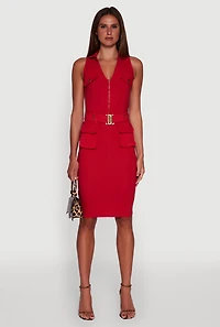 Womens Zip Front Belted Cargo Dress, Red, Size L