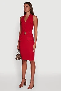 Womens Zip Front Belted Cargo Dress, Red, Size L