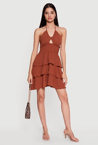 Smocked Tiered Ruffle Halter Neck Mini Dress