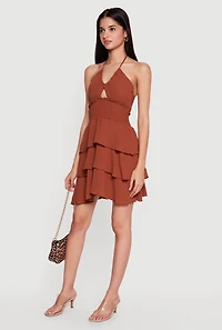 Smocked Tiered Ruffle Halter Neck Mini Dress