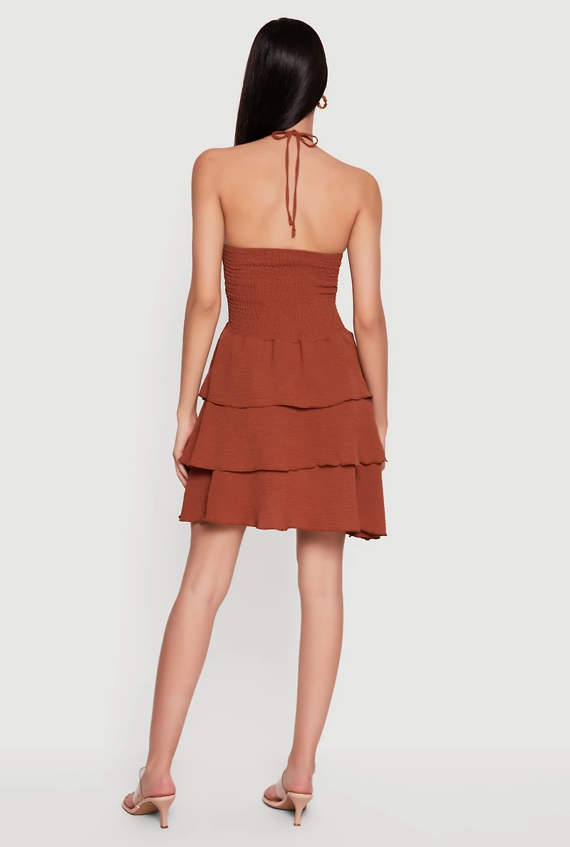 Smocked Tiered Ruffle Halter Neck Mini Dress