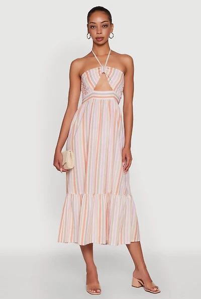 Womens Spoon Jeans Striped Keyhole Halter Sundress, Multi, Size XL