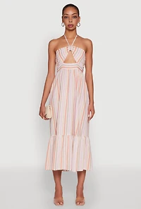 Womens Spoon Jeans Striped Keyhole Halter Sundress, Multi, Size XL