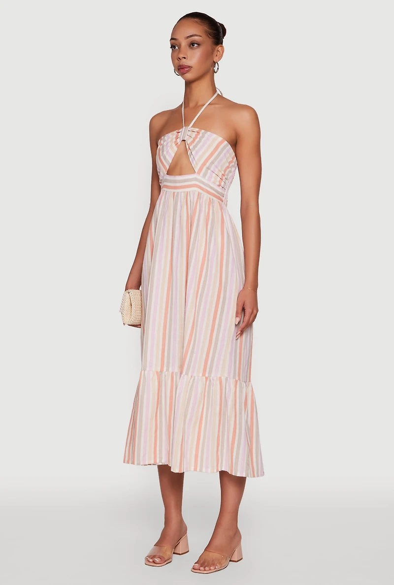 Womens Spoon Jeans Striped Keyhole Halter Sundress, Multi, Size XL