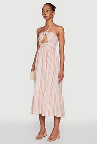 Womens Spoon Jeans Striped Keyhole Halter Sundress, Multi, Size XL