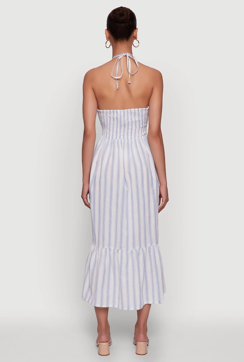 Womens Spoon Jeans Striped Keyhole Halter Sundress, Blue, Size M