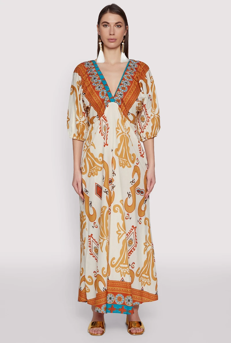 Womens Border Print Boho Maxi Dress, Multi, Size S