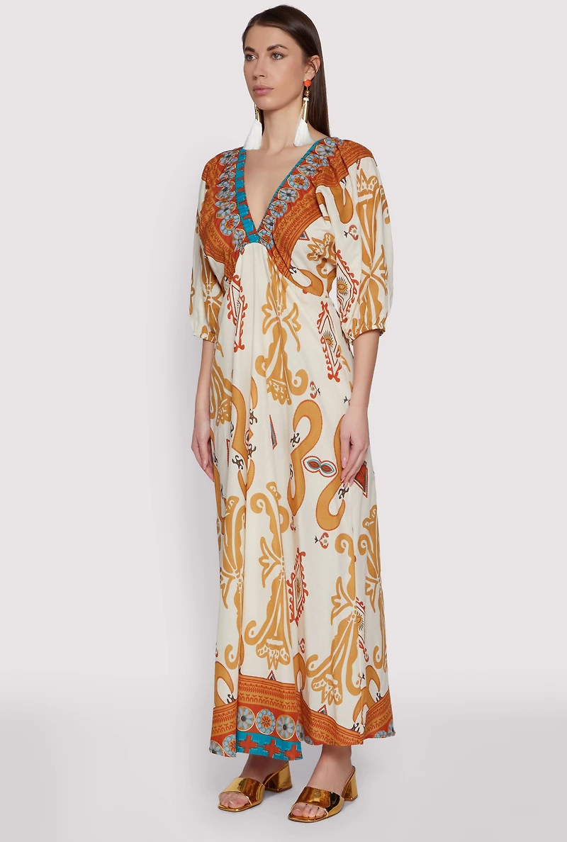 Womens Border Print Boho Maxi Dress, Multi, Size S