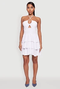 Womens Spoon Jeans Ruffle Tiered Smocked Halter Dress, White, Size XL