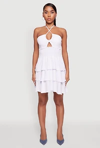 Womens Spoon Jeans Ruffle Tiered Smocked Halter Dress, White, Size XL