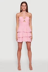 Womens Spoon Jeans Ruffle Tiered Smocked Halter Dress, Pink,