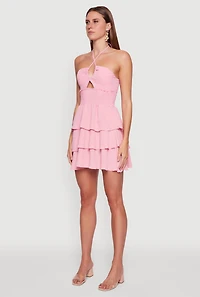 Womens Spoon Jeans Ruffle Tiered Smocked Halter Dress, Pink, Size L