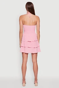 Womens Spoon Jeans Ruffle Tiered Smocked Halter Dress, Pink, Size L