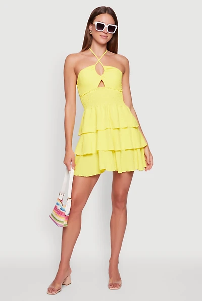 Womens Spoon Jeans Ruffle Tiered Smocked Halter Dress, Yellow, Size XL