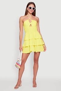 Womens Spoon Jeans Ruffle Tiered Smocked Halter Dress, Yellow, Size XL