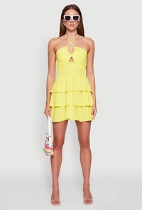 Womens Spoon Jeans Ruffle Tiered Smocked Halter Dress, Yellow, Size L