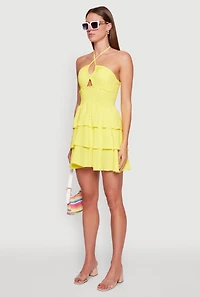 Womens Spoon Jeans Ruffle Tiered Smocked Halter Dress, Yellow, Size L