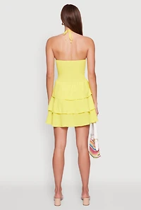 Womens Spoon Jeans Ruffle Tiered Smocked Halter Dress, Yellow, Size L