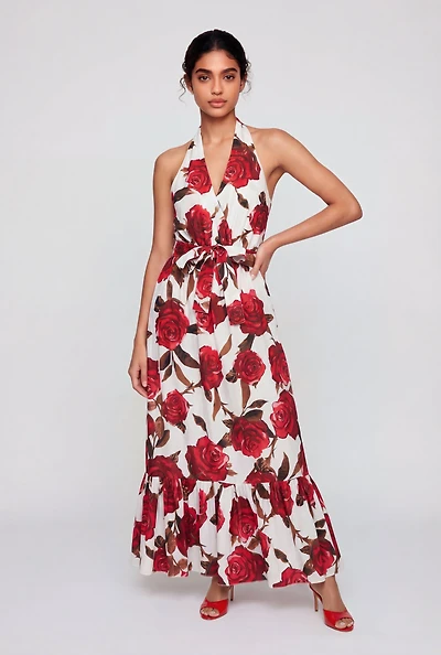 Floral Halter Maxi Dress with Tie Waist Belt