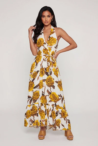 Floral Halter Maxi Dress with Tie Waist Belt