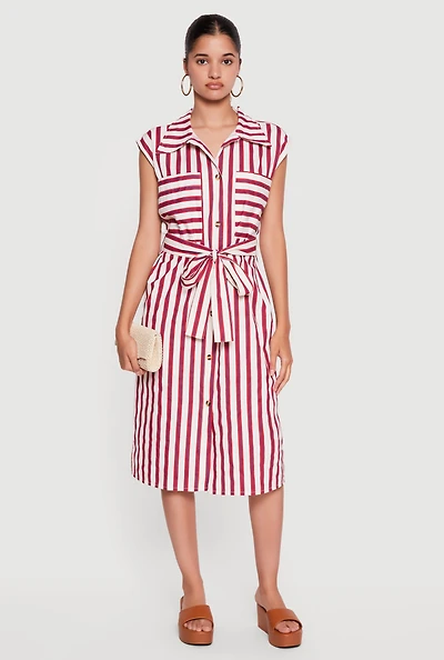 Striped Midi Shirt Dress with Tie Waist Belt
