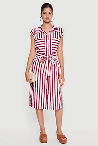 Striped Midi Shirt Dress with Tie Waist Belt