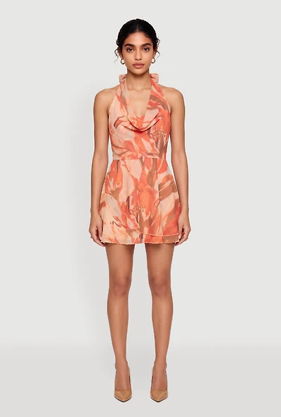 Abstract Floral Chiffon Low Back Halter Mini Dress