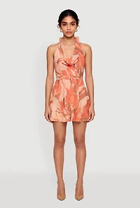 Abstract Floral Chiffon Low Back Halter Mini Dress