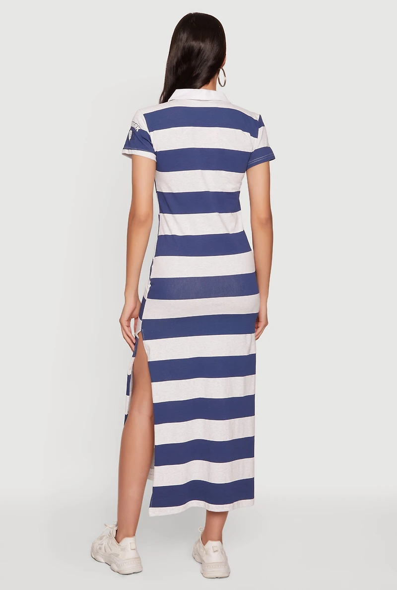 Graphic Striped Maxi Polo Dress with Lace Up Detail