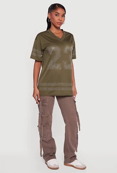 Womens Rhinestone Graphic Football Jersey,