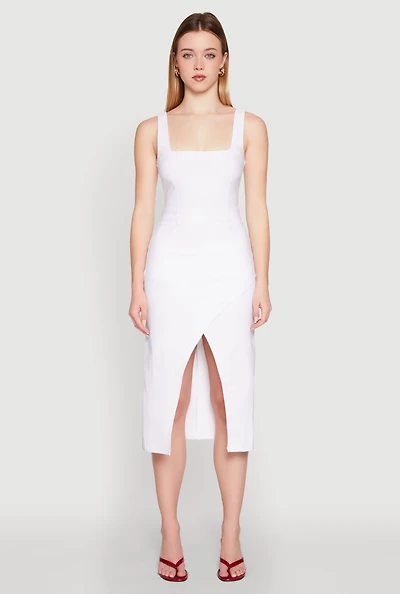 Womens Slit Front Midi Tank Dress, White, Size S