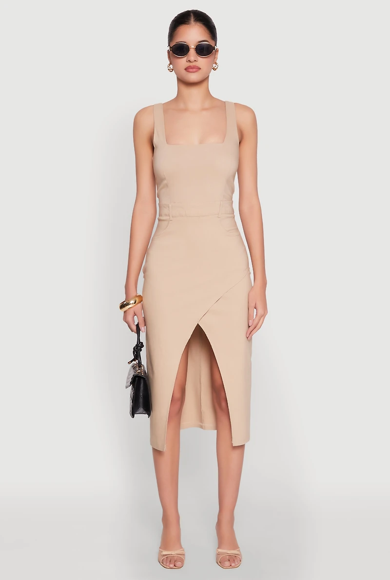Womens Slit Front Midi Tank Dress, Beige, Size S