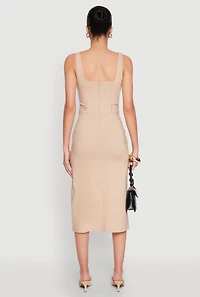 Womens Slit Front Midi Tank Dress, Beige, Size S