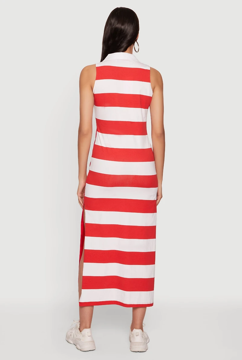 Color Blocked Striped Graphic Sleeveless Maxi Polo Dress