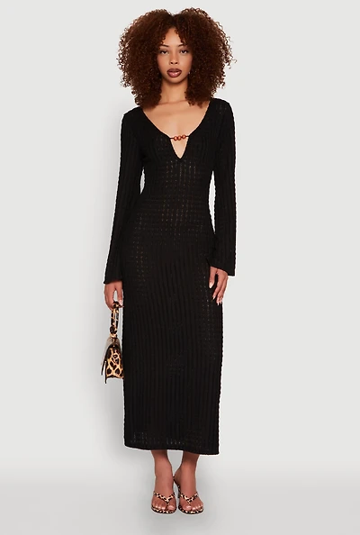 Womens Textured Knit Beaded Keyhole Shadow Stripe Dress, Black, Size L