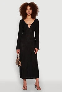 Womens Textured Knit Beaded Keyhole Shadow Stripe Dress, Black, Size L