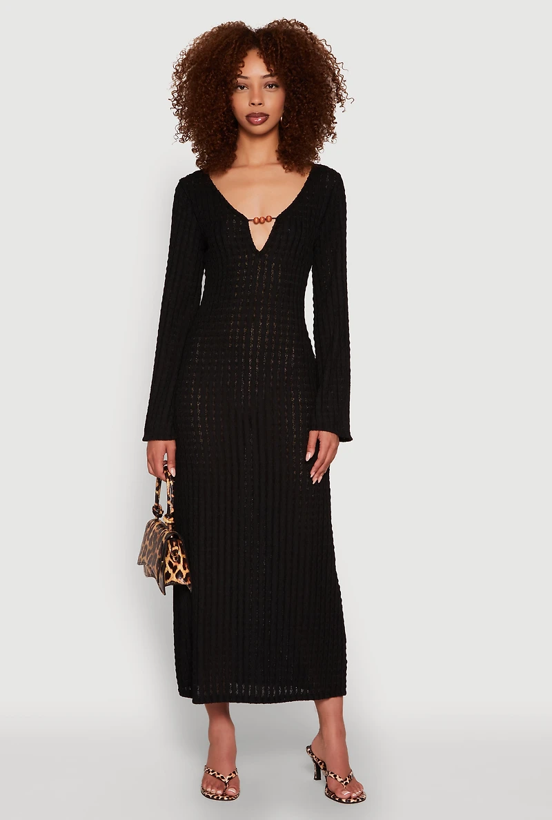 Womens Textured Knit Beaded Keyhole Shadow Stripe Dress, Black,