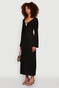 Womens Textured Knit Beaded Keyhole Shadow Stripe Dress, Black, Size L