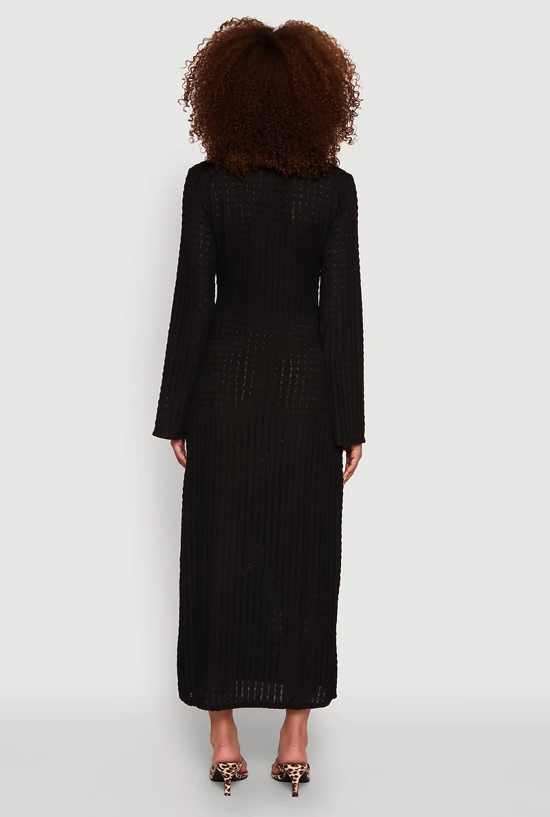 Womens Textured Knit Beaded Keyhole Shadow Stripe Dress, Black,