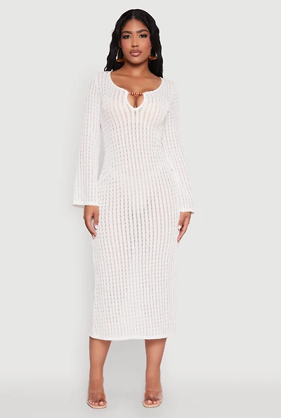 Womens Textured Knit Beaded Keyhole Shadow Stripe Dress, White, Size S