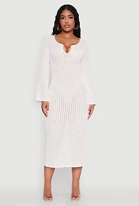 Womens Textured Knit Beaded Keyhole Shadow Stripe Dress, White, Size S