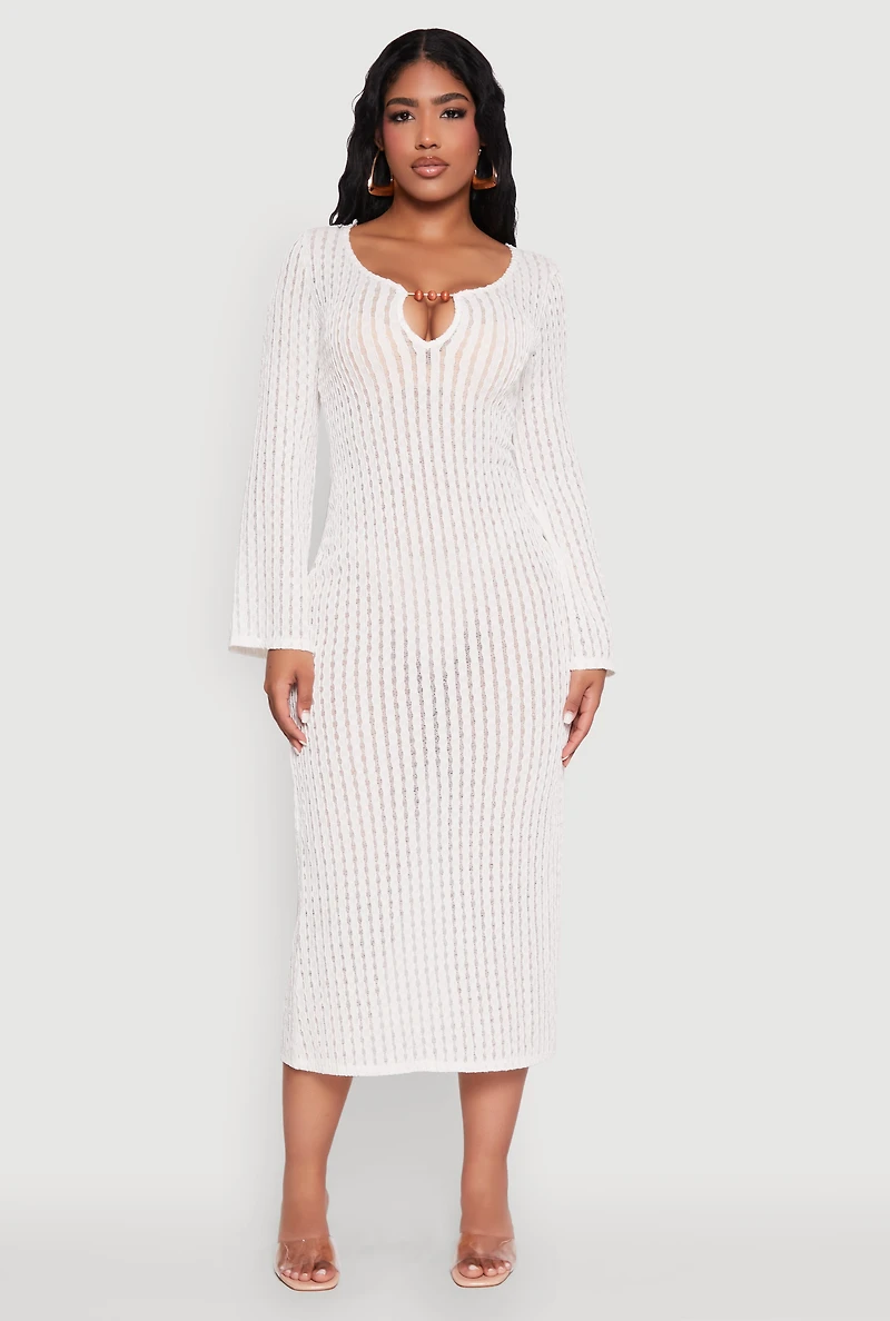 Textured Knit Beaded Keyhole Shadow Stripe Dress